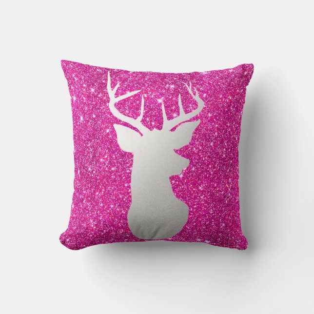Silver Reindeer Antler Modern Pink Faux Glitter Throw Pillow (Front)