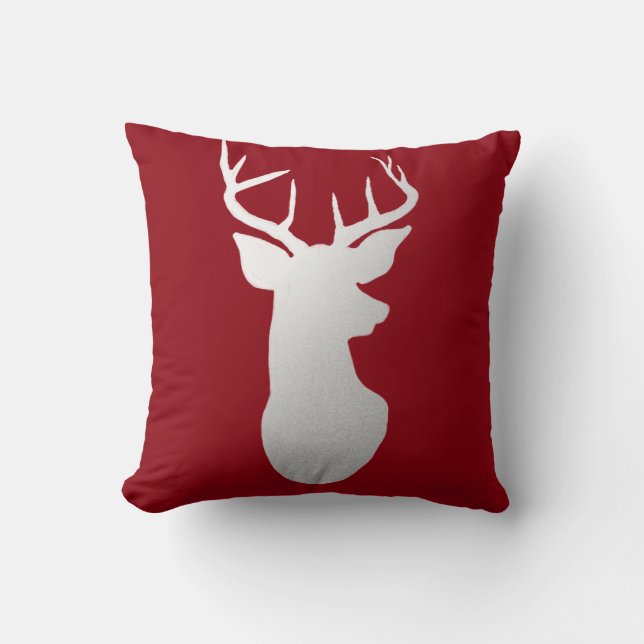 Silver Reindeer Antler Modern Silhouette Red Throw Pillow (Front)