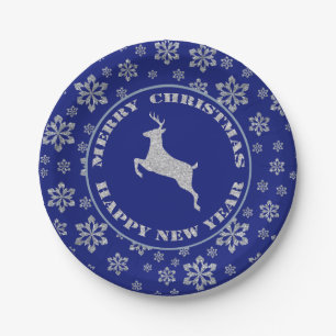 Silver Reindeer Blue Snowflake Paper Plates