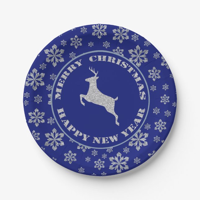 Silver Reindeer Blue Snowflake Paper Plates (Front)