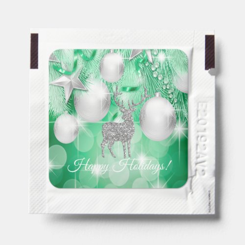 Silver Reindeer Green Bokeh Holidays Hand Sanitizer Packet