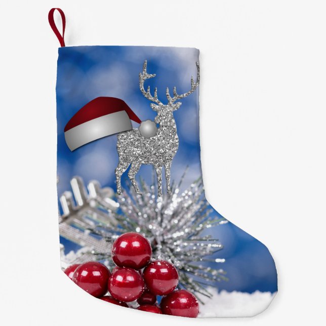 Silver Reindeer Santa Hat Blue Bokeh Small Christmas Stocking (Front)