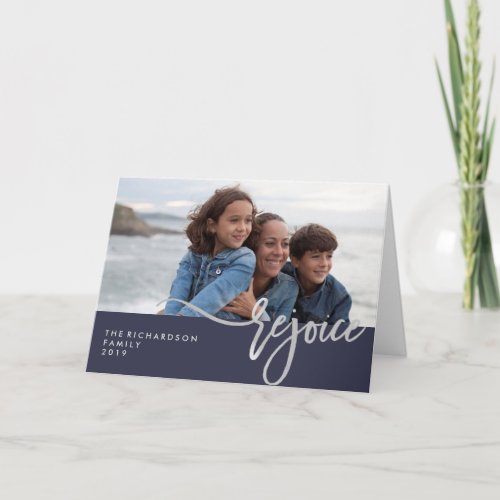 Silver Rejoice  Your Photo on Midnight Blue Holiday Card