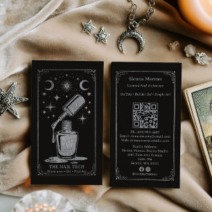 Silver Retro Celestial Tarot Nail artist QR Code Business Card