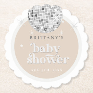 Silver Retro Disco Groovy Baby Shower Paper Coaster