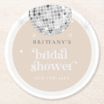 Silver Retro Disco Groovy Bridal Shower  Round Paper Coaster<br><div class="desc">Step back in time with our Retro Disco Ball Bridal Shower Invitations & Decor collection. Immerse yourself in the nostalgia of the 70s with muted beige and grey arches, enhanced by groovy silver glitter fonts. The iconic retro disco ball takes center stage, evoking an era of disco glamour, all while...</div>