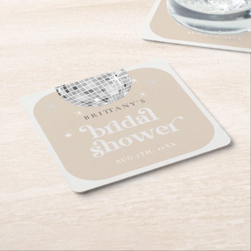 Silver Retro Disco Groovy Bridal Shower  Square Paper Coaster