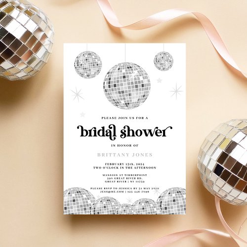 Silver Retro Disco Silver Glitter Bridal Shower  Invitation