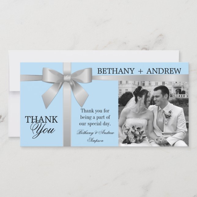 Silver Ribbon and Light Blue Wedding Thank You (Front)