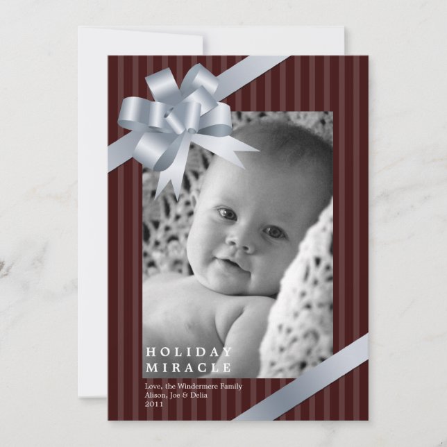Silver ribbon bow frame holiday miracle baby first card (Front)