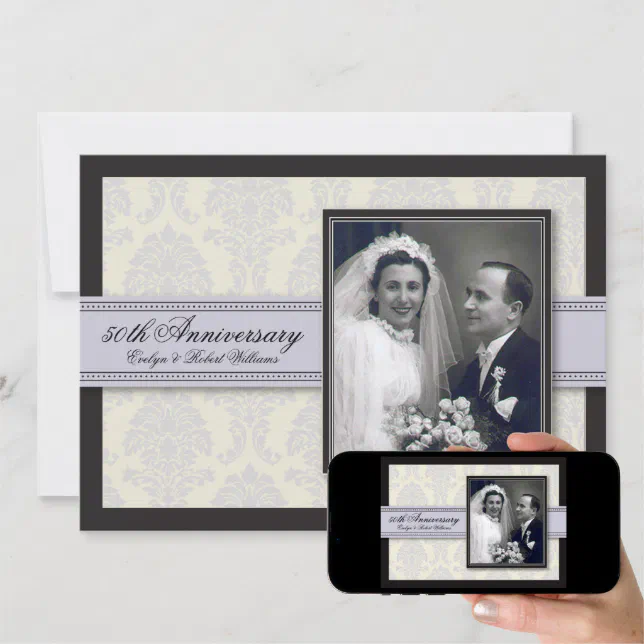 Silver Ribbon Damask Anniversary Party Invitation | Zazzle