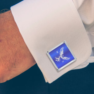 Silver Rising Phoenix Monogram Initial Cobalt Blue Cufflinks