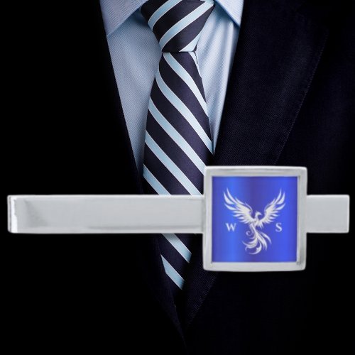 Silver Rising Phoenix Monogram Initial Cobalt Blue Silver Finish Tie Bar