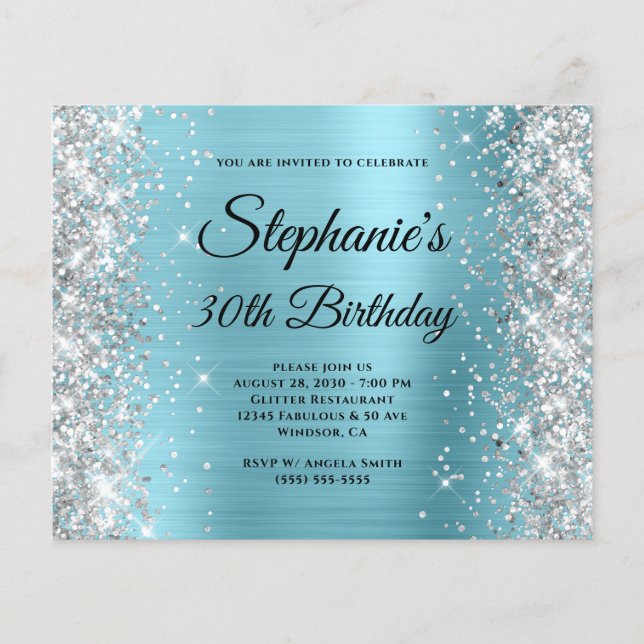 Silver Robin Egg Blue Glam Monogram 30th Birthday Flyer (Front)