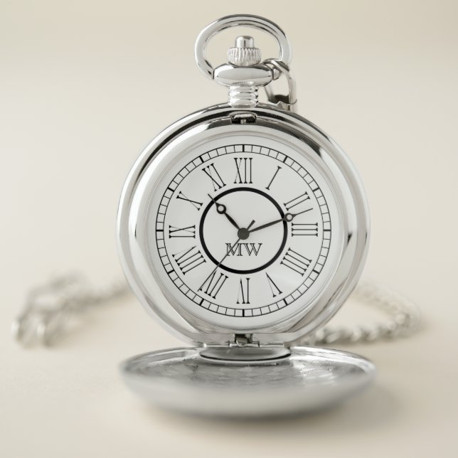 Silver Roman Numeral with Monogram Initials Pocket Watch (Inside)