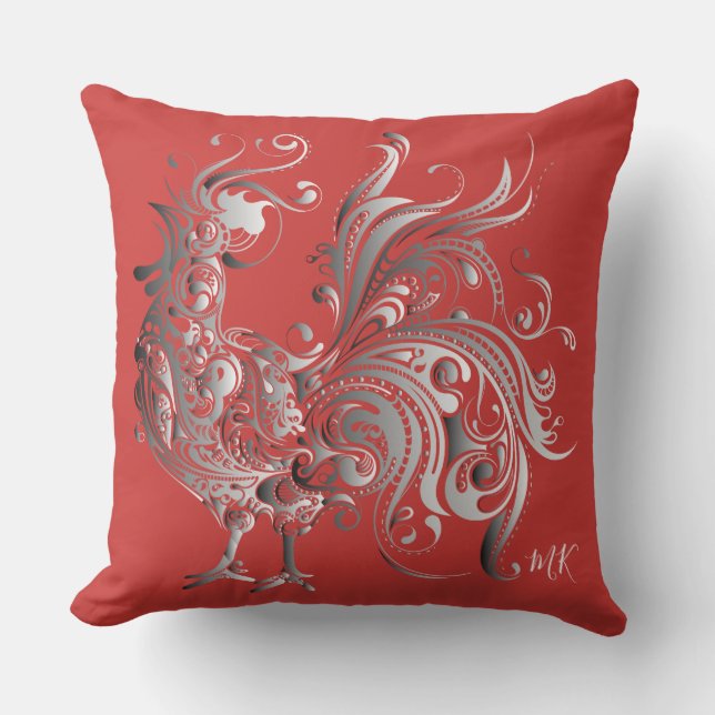 Silver Rooster Choose Your Background Color Outdoor Pillow (Front)