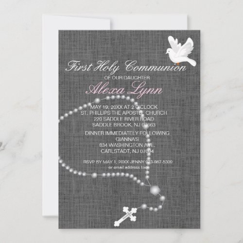 Silver Rosary Bead First Holy Communion Invitation
