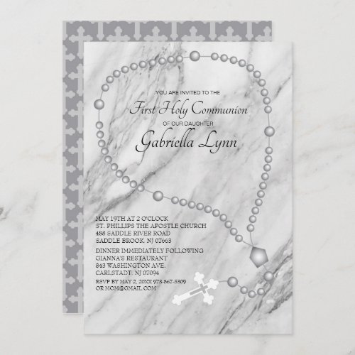 Silver Rosary Beads First Holy Communion Invitation