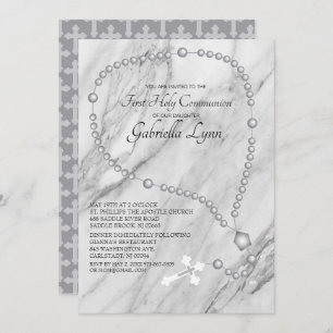 Silver Rosary Beads First Holy Communion Invitation