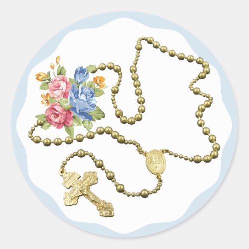Silver Rosary Beads Roses Flowers Classic Round Sticker