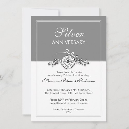 silver rose 25th wedding anniversary invitation