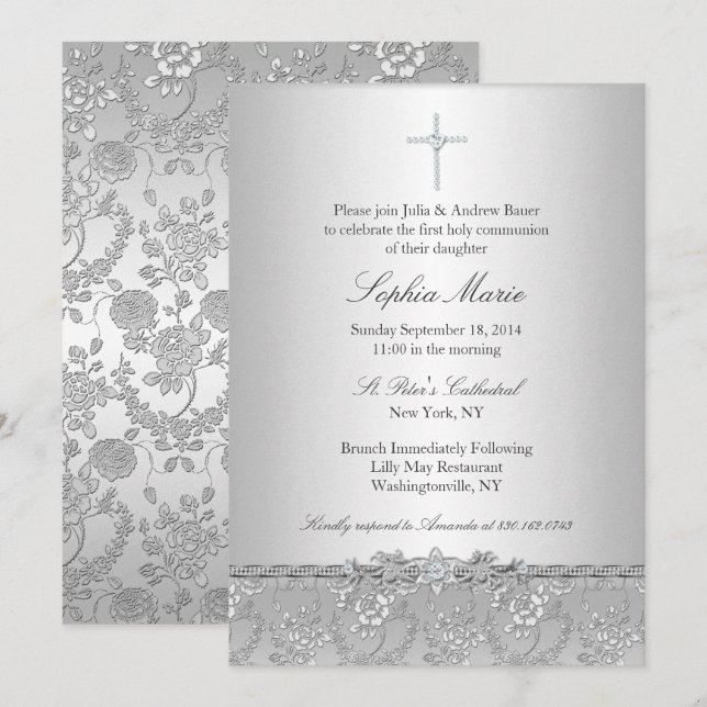 Silver Rose Cross Baptism/Christening Invitation (Front/Back)