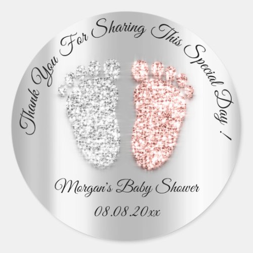 Silver Rose Feet Baby Shower Thank Gender Reveal  Classic Round Sticker
