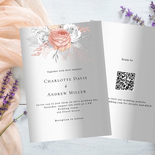 Silver rose floral QR code RSVP luxury wedding Invitation