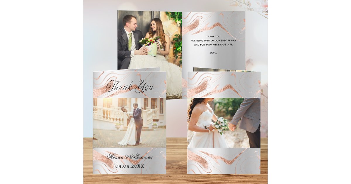 Silver rose gold 3 photos wedding thank you card | Zazzle