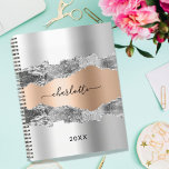 Silver rose gold agate marble name script 2024 planner<br><div class="desc">Faux silver and rose gold agate,  marble stone print as background Personalize and add your name. The name is written with a modern hand lettered style script.</div>