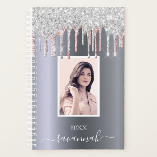 Silver rose gold blush glitter drips photo planner