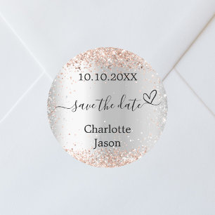 Silver rose gold boho wedding Save the Date Classic Round Sticker