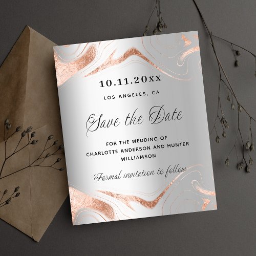 Silver rose gold budget wedding save the date flyer