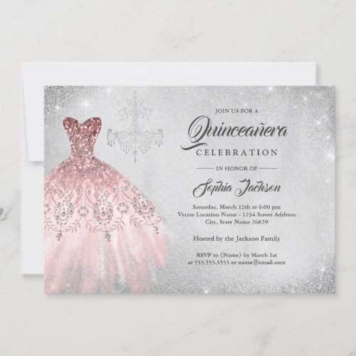 Silver Rose Gold Diamond Lace Gown Quinceanera  Invitation