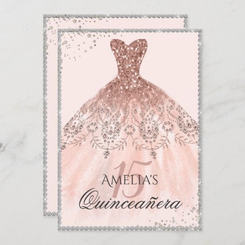 Silver Rose Gold Dress Sparkle 15th Quinceanera Invitation