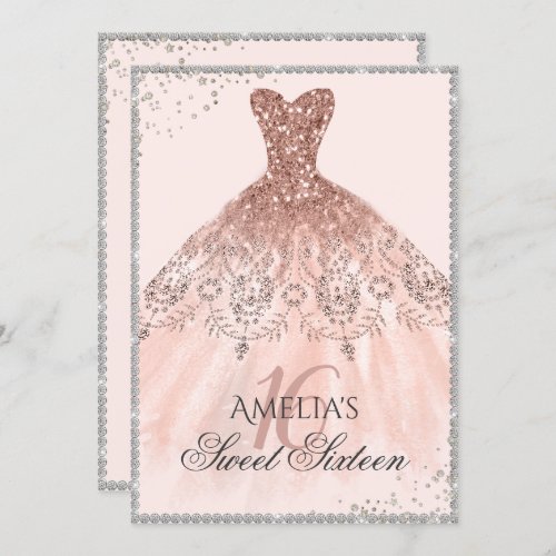 Silver Rose Gold Dress Sparkle 16th Sweet Sixteen Invitation