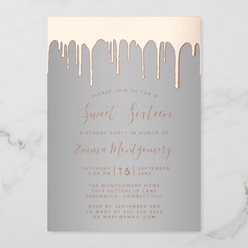 Silver Rose Gold Drips Sweet 16 Birthday Party Foil Invitation