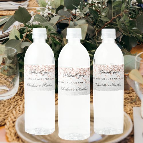 Silver rose gold elegant script wedding thank you water bottle label