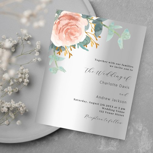 Silver rose gold floral budget wedding invitation