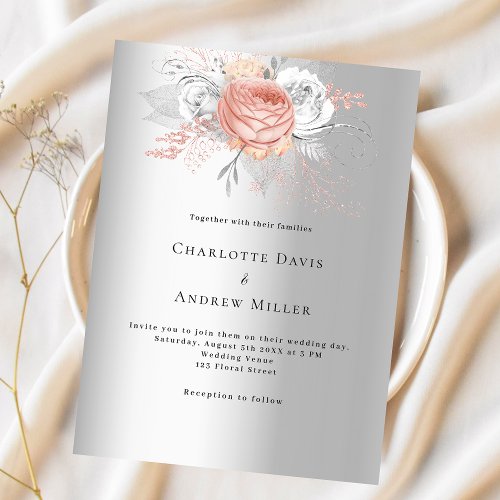 Silver rose gold floral budget wedding invitation