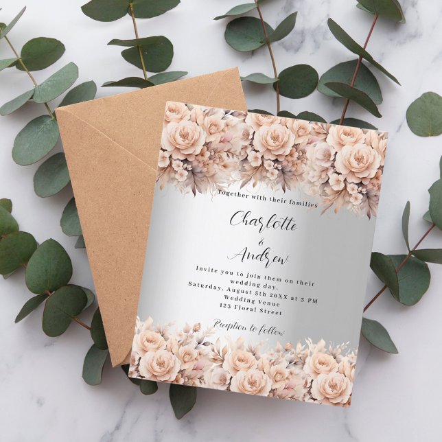 Silver rose gold floral elegant wedding invitation (Creator Uploaded)