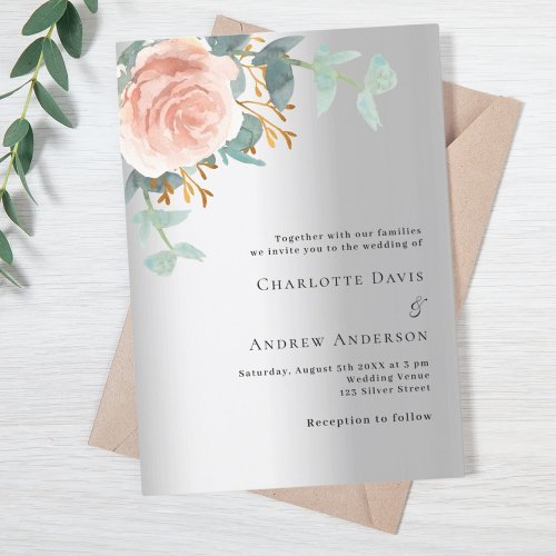 Silver rose gold floral eucalyptus wedding invitation