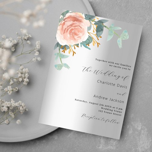 Silver rose gold floral greenery luxury wedding invitation