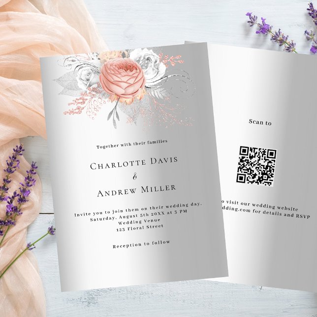 Silver rose gold floral QR code RSVP wedding Invitation (Creator Uploaded)