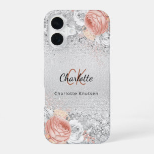 Silver rose gold florals elegant monogram name iPhone 16 case