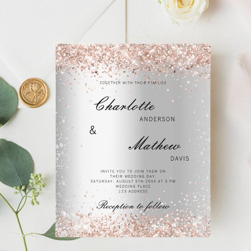 Silver rose gold formal budget wedding invitation