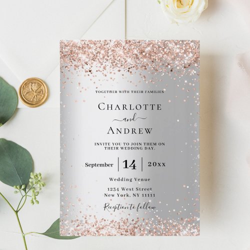 Silver rose gold formal luxury wedding invitation
