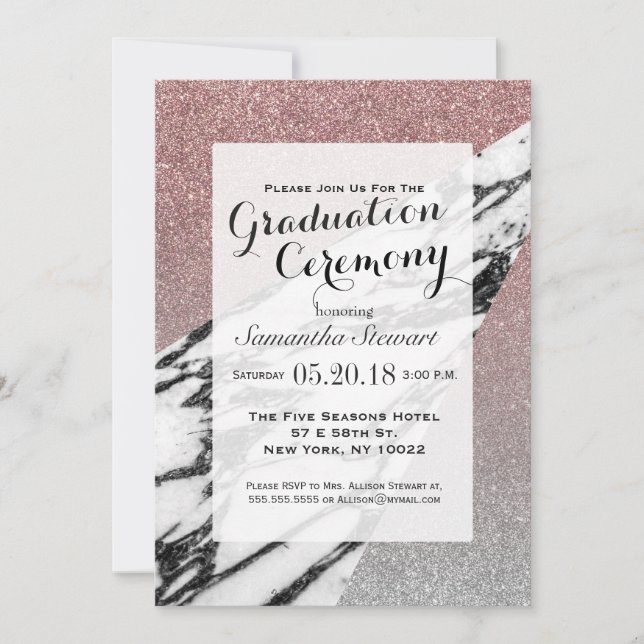 Silver Rose Gold Glitter and Marble Geometric Invitation (Front)