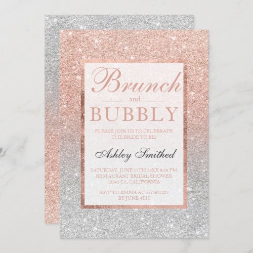 Silver rose gold glitter brunch bubbly bridal invitation