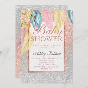 Silver rose gold glitter dreamcatcher baby shower invitation